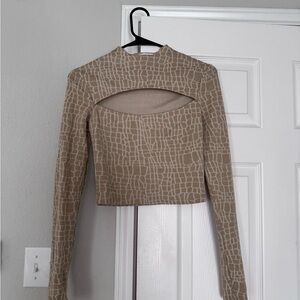 Stylish Tan Giraffe Print Long Sleeve Cropped Top with Keyhole Cut Out